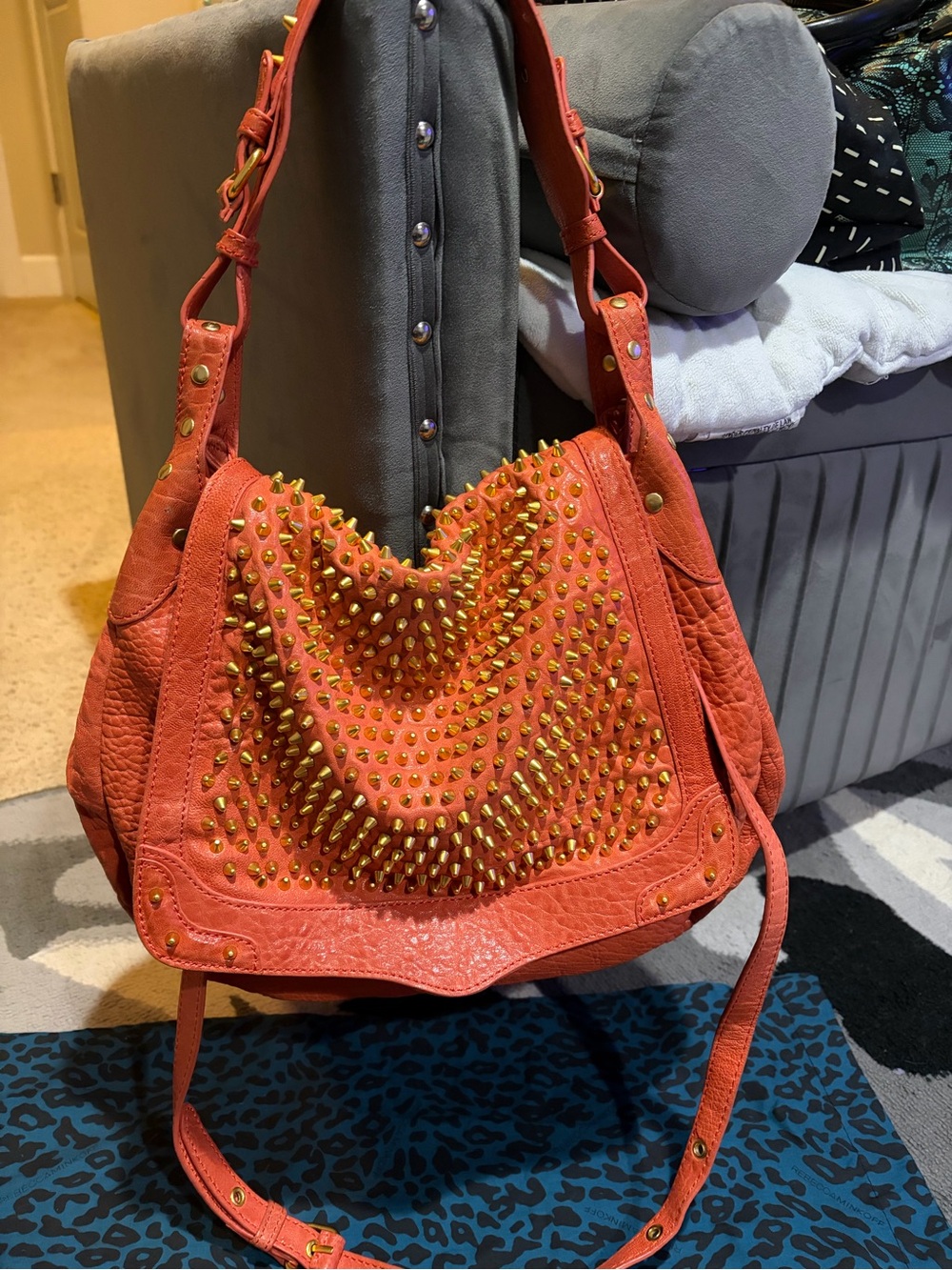 Rebecca Minkoff Moonstruck Studded Hobo Bag Coral Electric Blue Polka Dot Rare